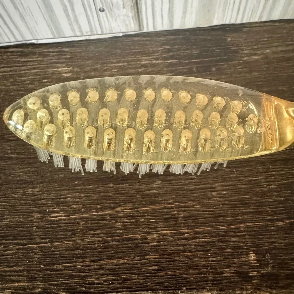 Vintage AVON Mini Purse Hair Brush Crystal Yellow Nylon Bristle Thumb Handle
